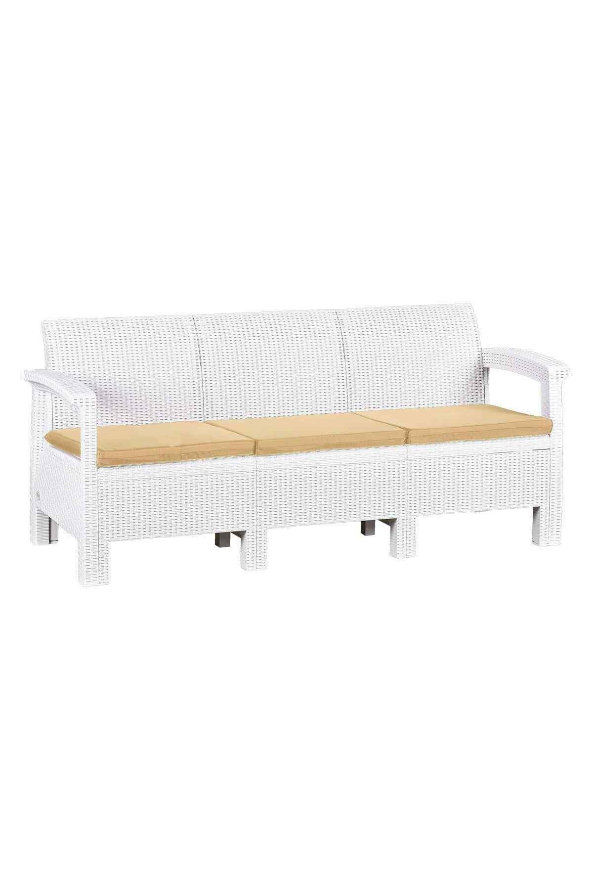 Holiday Bahçe Koltuğu Üçlü Kanepe Balkon Koltuk Rattan Desenli Minderli