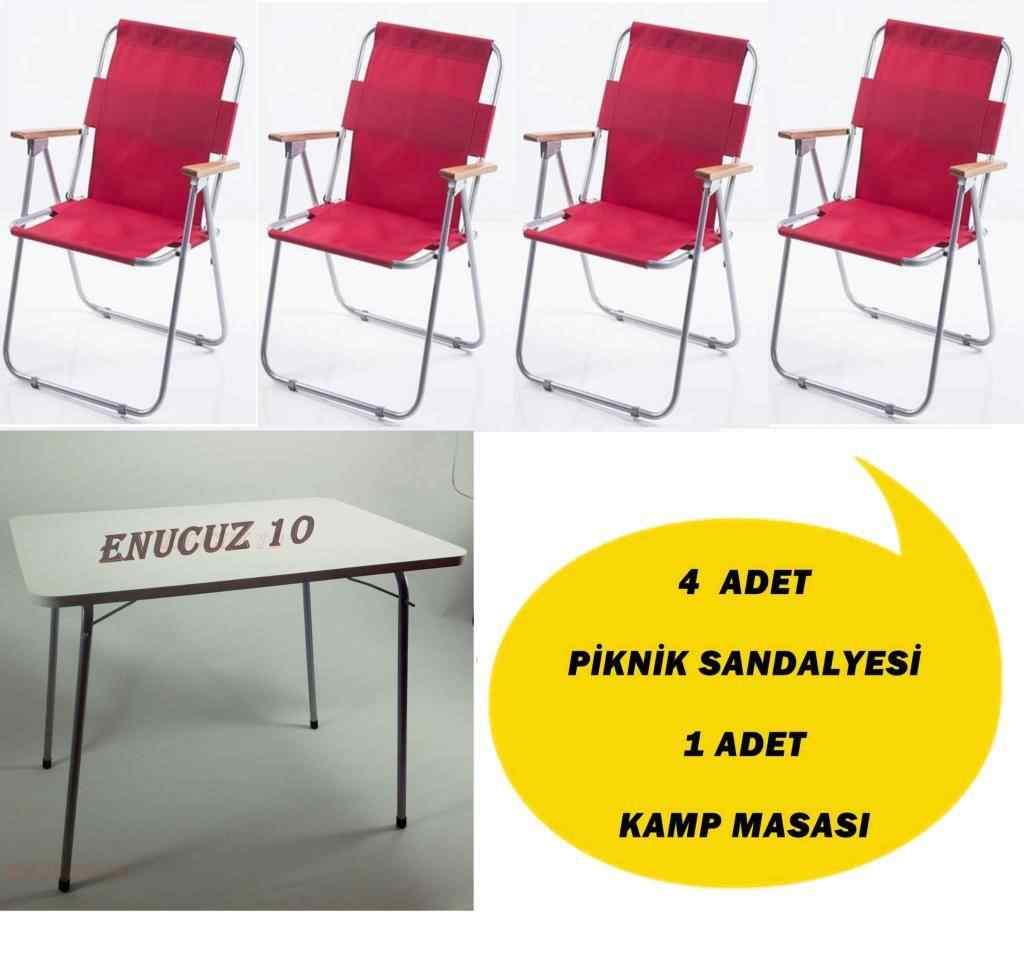 Piknik Sandalye Katlanır Masa Kamp Seti Kırmızı 4+1