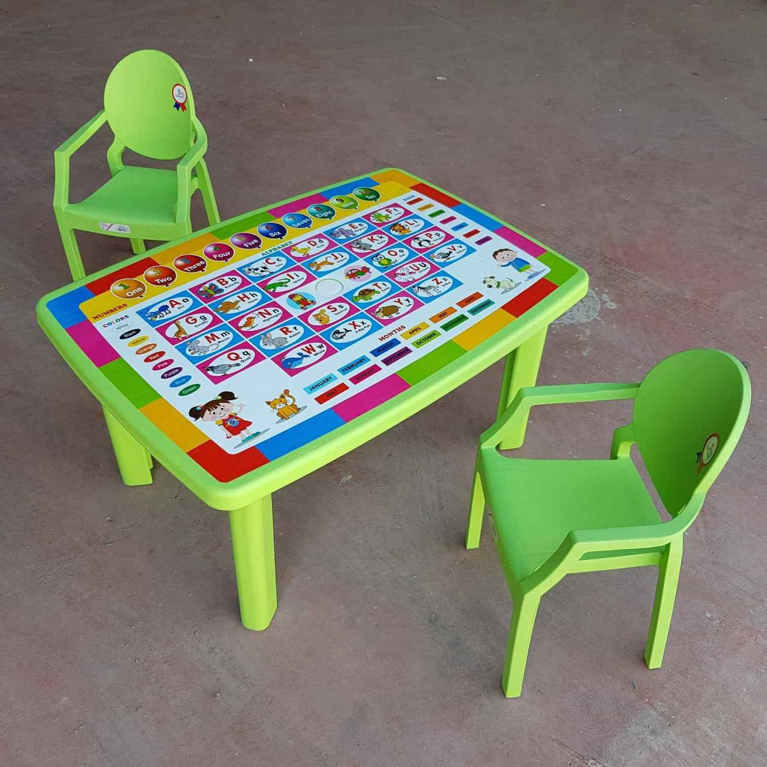Afacan Çocuk Masa Seti İngilizce Desenli Eğitici Masa +2 Sandalye Yeşil